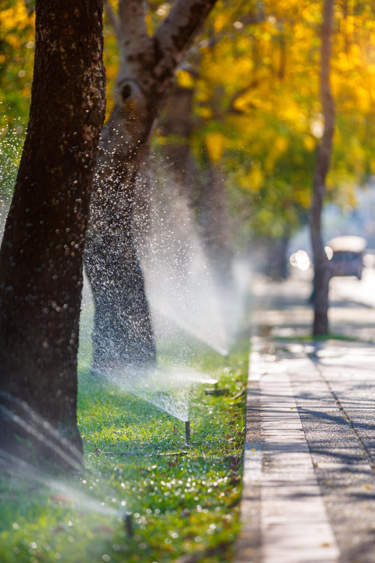 Automatic lawn sprinkler watering golden shower flower blooming roadside april around old town chiang mai thailand